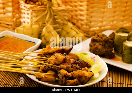 Asian malay Ramadhan foods, satay chicken, rendang, lemang and ketupat Stock Photo