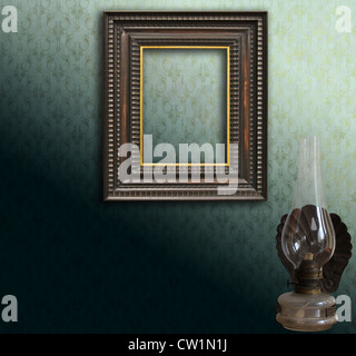 Vintage wooden frame with golden border on a stylized vintage wallpaper with an old iron lamp Stock Photo