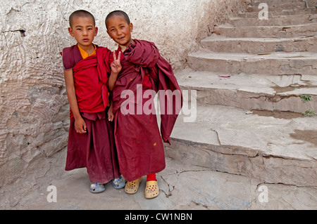 Two young monks in traditional red robes and Croc shoes pose in front of stone steps at the Hemis Monastery in Ladakh, India. Stock Photo