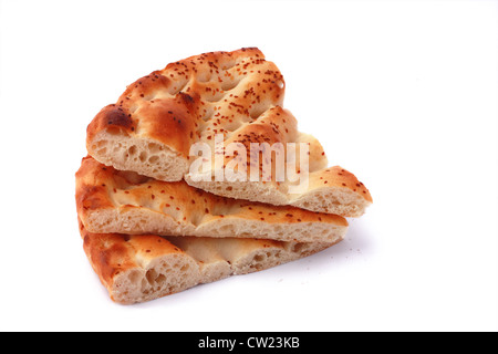 Three slices pita bread isolated on white. Popular food in Ramadan in Turkey. Stock Photo