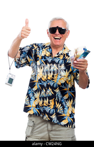 Happy excited senior holding money and camera gesturing thumbs up, isolated on white background. Stock Photo