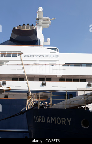 Paul Allen's yacht Octopus moored at Canary Wharf during the 2012 Summer Olympics in London Stock Photo