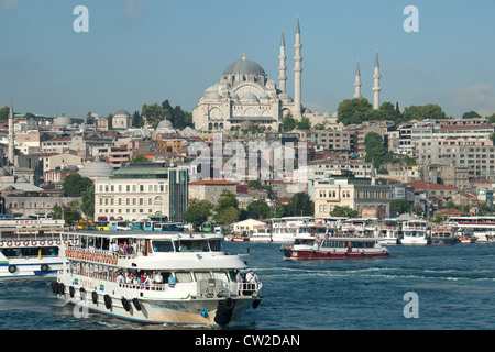 ISTANBUL, TURKEY. A view of the Golden Horn, an inlet on the Bosphorus, with the Suleymaniye Mosque dominating the skyline. 2012 Stock Photo