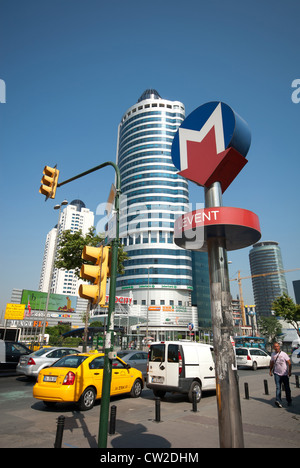 ISTANBUL, TURKEY. A street scene in the suburb of Levent, with Metro City shopping centre and tower behind. 2012. Stock Photo