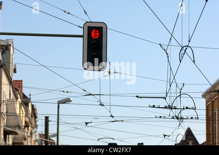 Red light lines and tram, Berlin Stock Photo