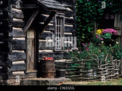 Historic Cuttaloosa Grist Mill log cabin farm house, vintage wine barrel of apples, New Hope, Pennsylvania, autumn,USA, Bucks County, America, US, PA Stock Photo