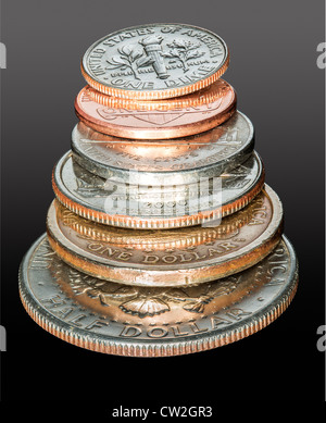 Macro stack of all the US coins circulating in USA from dollar and half dollar coin to cent Stock Photo