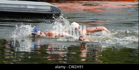 Kerri-Anne Payne team GB 15  Haley Anderson USA 13 Women's 10km open water marathon swim London 2012 Olympics London Uk Stock Photo