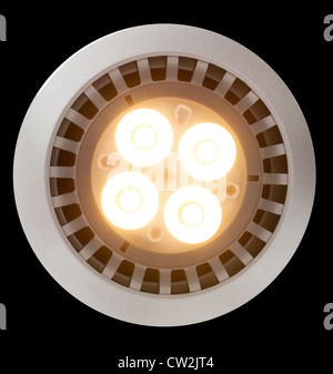 LED Light bulb illuminated and taken from above and isolated against black Stock Photo