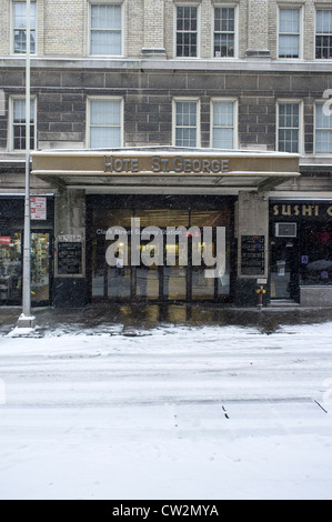 Fresh snow is falling on a Brooklyn street Stock Photo