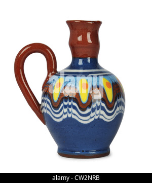 Ceramic crock with traditional bulgarian ornament isolated on white backgraund. Bulgarian souvenir. Stock Photo