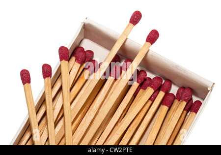 Long matches with red phosphor heads in box, UK Stock Photo