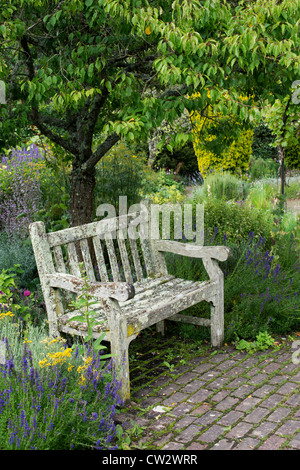 Garden seat in RHS Rosemoor gardens. Great Torrington, Devon Stock Photo