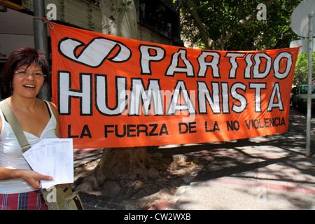 Mendoza Argentina,Avenida San Martin,Hispanic woman female women,activist,political campaign,banner,Spanish language,bilingual,Humanist Party,non viol