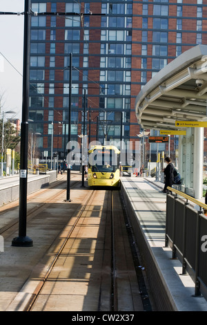 Flexity Swift M5000 class tram at Media City  Salford Quays Metro Link stop Salford Greater Manchester England Stock Photo