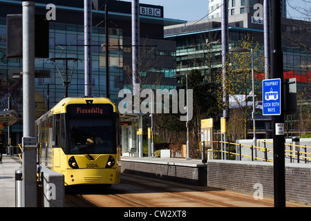 Flexity Swift M5000 class tram at Media City  Salford Quays Metro Link stop Salford Greater Manchester England Stock Photo