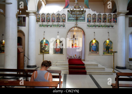 Mendoza Argentina,Avenida Barlotome Mitre,Iglesia Católica Apostólica Ortodoxa San Jorge,Orthodox Catholic Church,religion,saint,altar,icon,cross,pew, Stock Photo