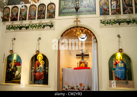 Mendoza Argentina,Avenida Barlotome Mitre,Iglesia Católica Apostólica Ortodoxa San Jorge,Orthodox Catholic Church,religion,saint,altar,icon,cross,pew, Stock Photo