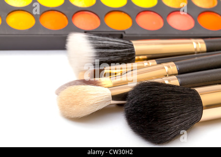 Set of Multicolored Eyeshadows with Brushes, closeup Stock Photo