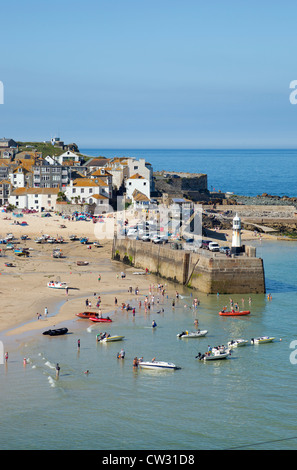 Above St. Ives harbour beach on a sunny day in Cornwall UK. Stock Photo
