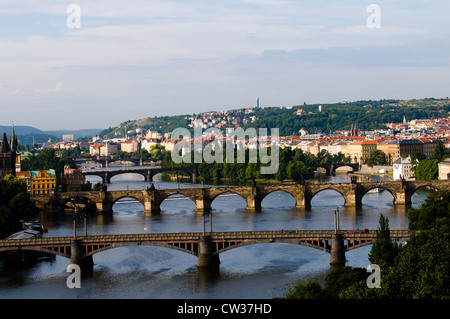 A beautiful view of the Vltava  river and the old bridges and buildings in Prague. Stock Photo