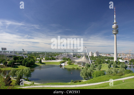 Muenchen, Overview of the Olympic Park with the Olympic Tower Stock Photo