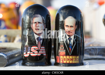 Moscow, matryoshkas of Bush and Putin at a souvenir stand Stock Photo