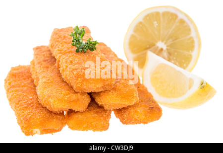 Fish Fingers with lemon pieces isolated on white background Stock Photo