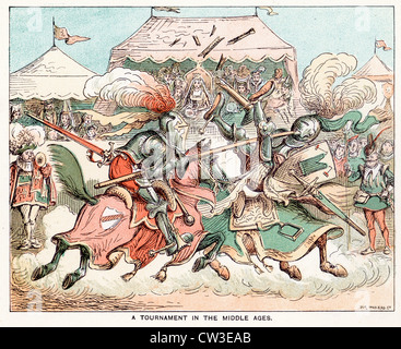 Comic Sketch by T S Seccombe showing knights jousting at a tournament in the Middle Ages Stock Photo