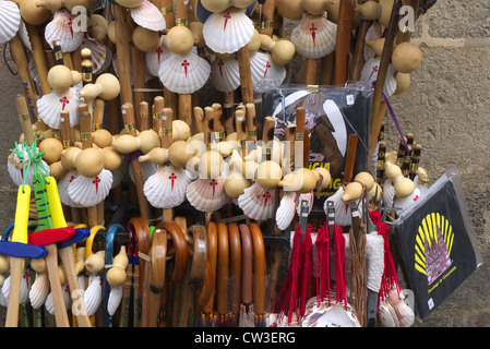Walking sticks and shells for sale along the pilgrim route to Santiago de Compostela in Spain. Stock Photo