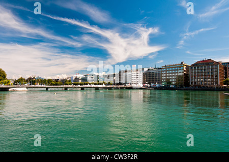 Panoramic view of Geneva, Switzerland with Jet d'Eau fountain Stock Photo