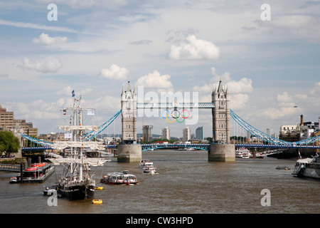 London, UK - July 30, 2012: 2012 London Olympic Rings on Tower Bridge. The rings were originally lowered into place on June 27th Stock Photo