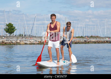 Two teenagers having fun stand up paddling on a windsurf board on a sunny summer day at the beach at Rungsted Harbour, Denmark. Stock Photo