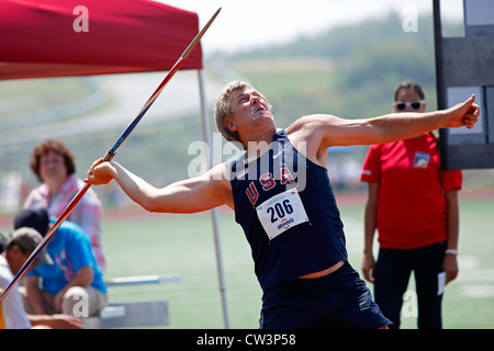 Edward Hearn of USA throws the javelin at the 2012 NCCWMA & CMA Track & Field Championships. Stock Photo