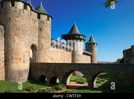 The central Keep within the walled fortified medieval town of Carcassonne in the Aude Department of southern France in summer. Stock Photo