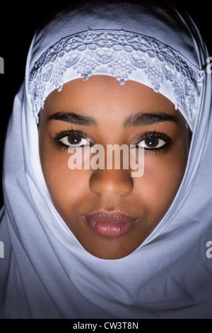 Closeup of an Ethiopian woman wearing a white islamic veil Stock Photo