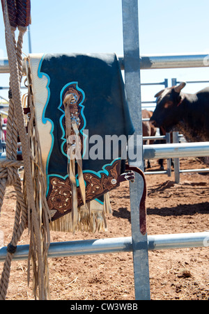 Cowboy outfit for bucking bull riding competition at the Mount Isa Rodeo in Outback Queensland, with bull at stock yards Stock Photo