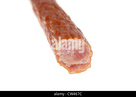 Thin smoked pork sausages photo on the white background Stock Photo