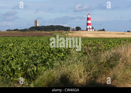 Happisburgh. North Norfolk. Church Tower and Lighthouse as seen from Cart Gap. Summer. July. Stock Photo