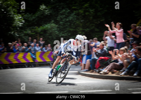 Team GB round the hairpin on the Box Hill loop, led out by David Millar during the Olympic road race at London 2012. Stock Photo