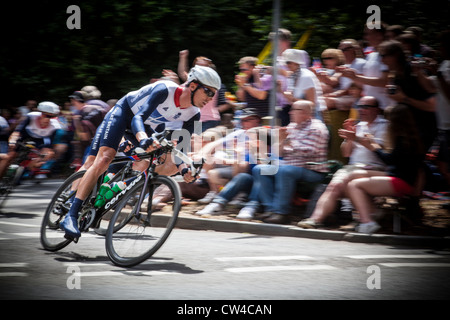 Team GB round the hairpin on the Box Hill loop, led out by David Millar during the Olympic road race at London 2012. Stock Photo