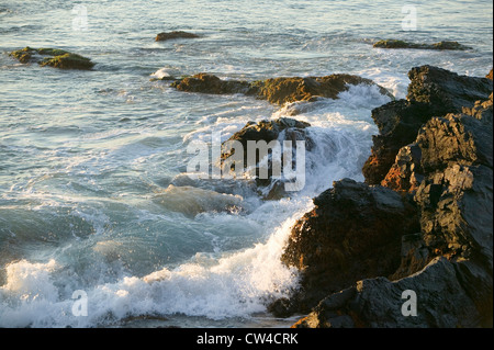 Wave breaks at the Cliff Walk, Cliffside Mansions of Newport Rhode Island Stock Photo