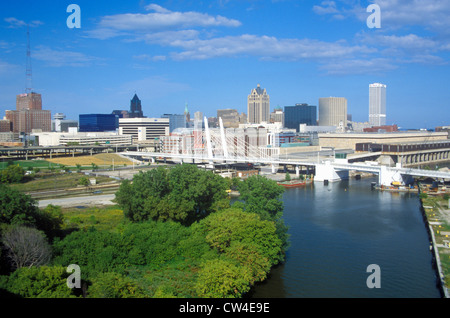 Milwaukee skyline with Menomonee River in foreground, WI Stock Photo