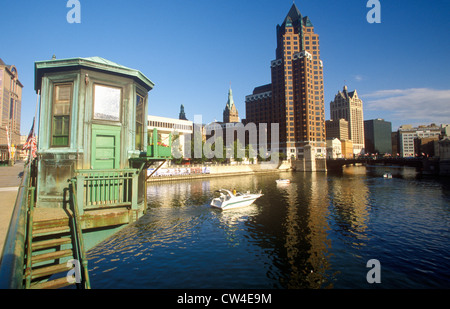 Milwaukee skyline with Menomonee River in foreground, WI Stock Photo