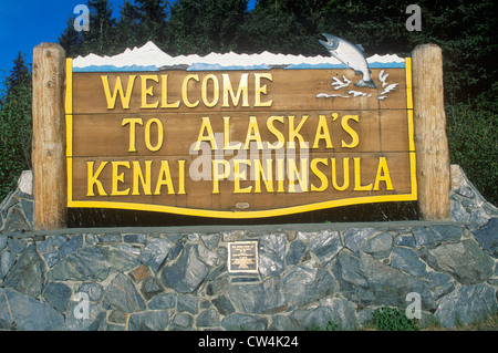 A sign that reads ?Welcome to Alaska's Kenai Peninsula? Stock Photo