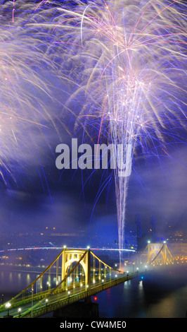 Fireworks on the Allegheny river in downtown Pittsburgh, Pennsylvania, USA.