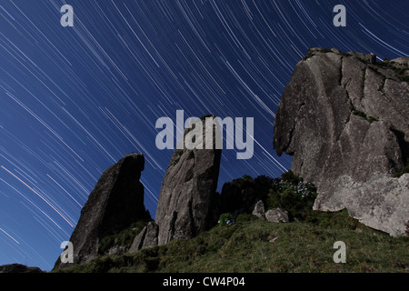 Star trails over Rocha dos Frades, basalt rock pinnacles near Lajes das Flores, Flores Island, Azores archipelago, Portugal Stock Photo