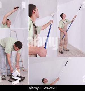 Montage of decorator using long roller Stock Photo