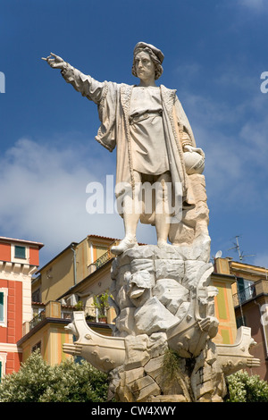 Statue of Christopher Columbus in town center pointing west in village of Santa Margarita, the Italian Riviera, Italy, Europe Stock Photo