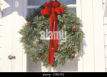Christmas Wreath Hung on Door, Woodstock, New York Stock Photo